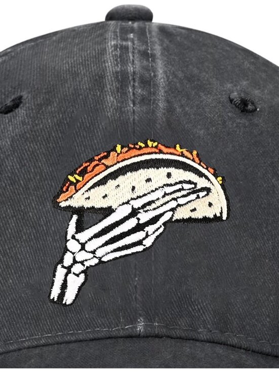 Women\'s Embroidery Adjustable Washed Distressed Casual Trucker Hat Taco Skull main image 6